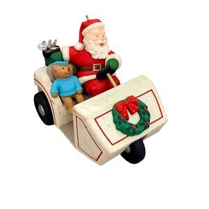 Santa Golf Cart Christmas Ornament 1990 Hallmark Decoration With Teddy Bear & Wr
